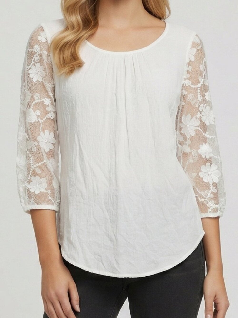 Unique Spectrum White Floral Lace Sleeve Blouse